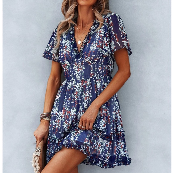 Rouge! Dresses & Skirts - Floral Navy Blue Dress Summer V-Neck Short Mini